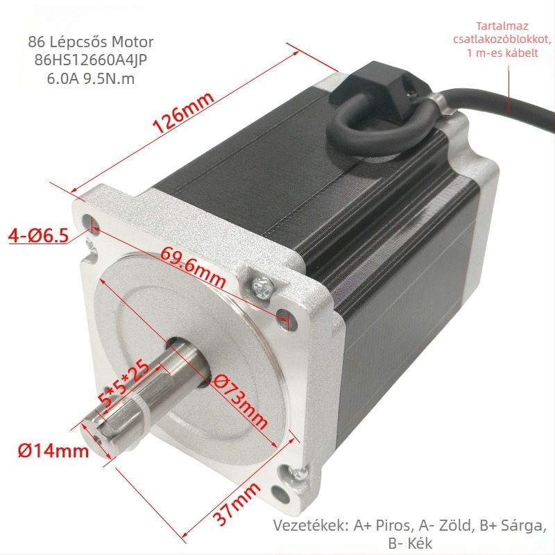 SUMTOR 86 léptető motor nagy nyomatékkal 9,5 N·m, 126 mm hosszú, kétfázisú négyvezetékes, léptetési szög 1,8°