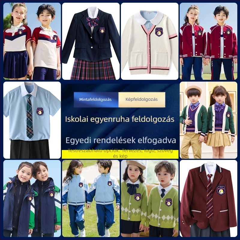 Iskolai egyenruha: kardigános pulóver és szoknya, uniszex, óvodától középiskoláig, akadémikus stílus