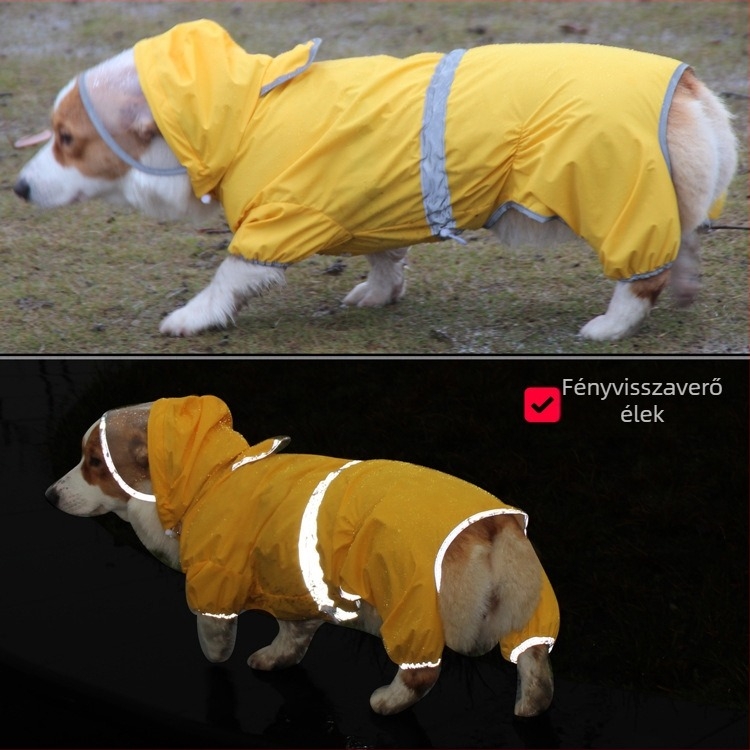 Vízálló esőkabát kutyáknak, rövid fazon, reflexes részletekkel, teljes overál kis testű kutyáknak (Corgi)