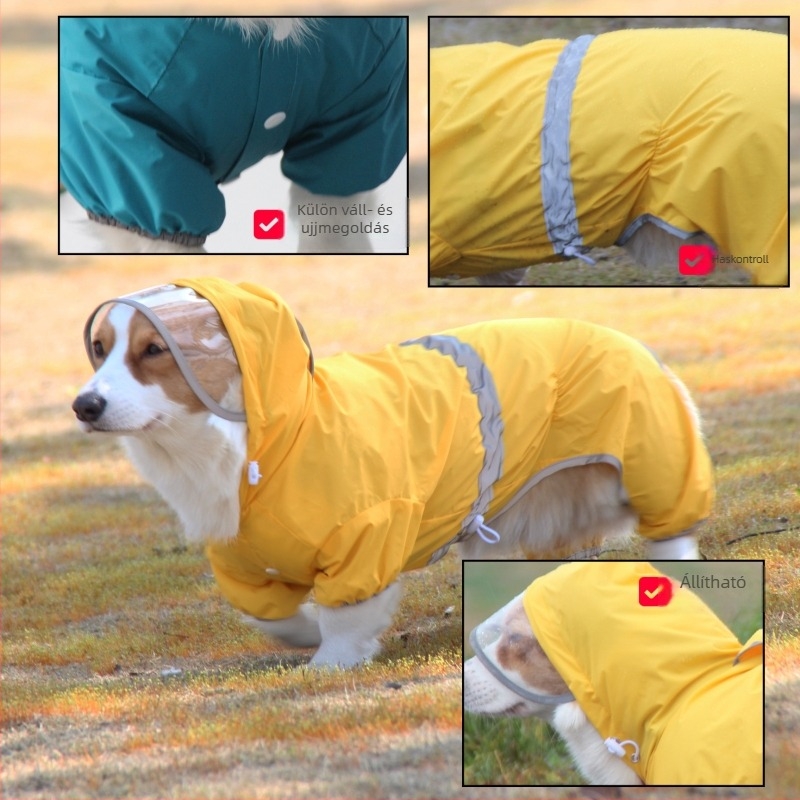 Vízálló esőkabát kutyáknak, rövid fazon, reflexes részletekkel, teljes overál kis testű kutyáknak (Corgi)