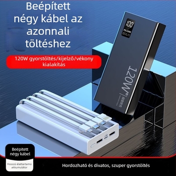 120W-os gyors töltésű power bank beépített kábellel, 4 az 1-ben, 20000mAh nagy kapacitás