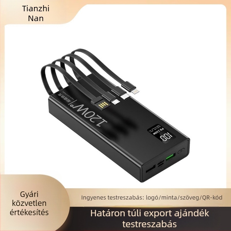 120W-os gyors töltésű power bank beépített kábellel, 4 az 1-ben, 20000mAh nagy kapacitás