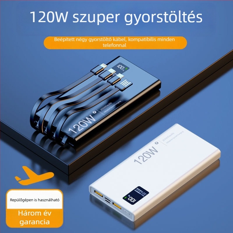120W-os gyors töltésű power bank beépített kábellel, 4 az 1-ben, 20000mAh nagy kapacitás