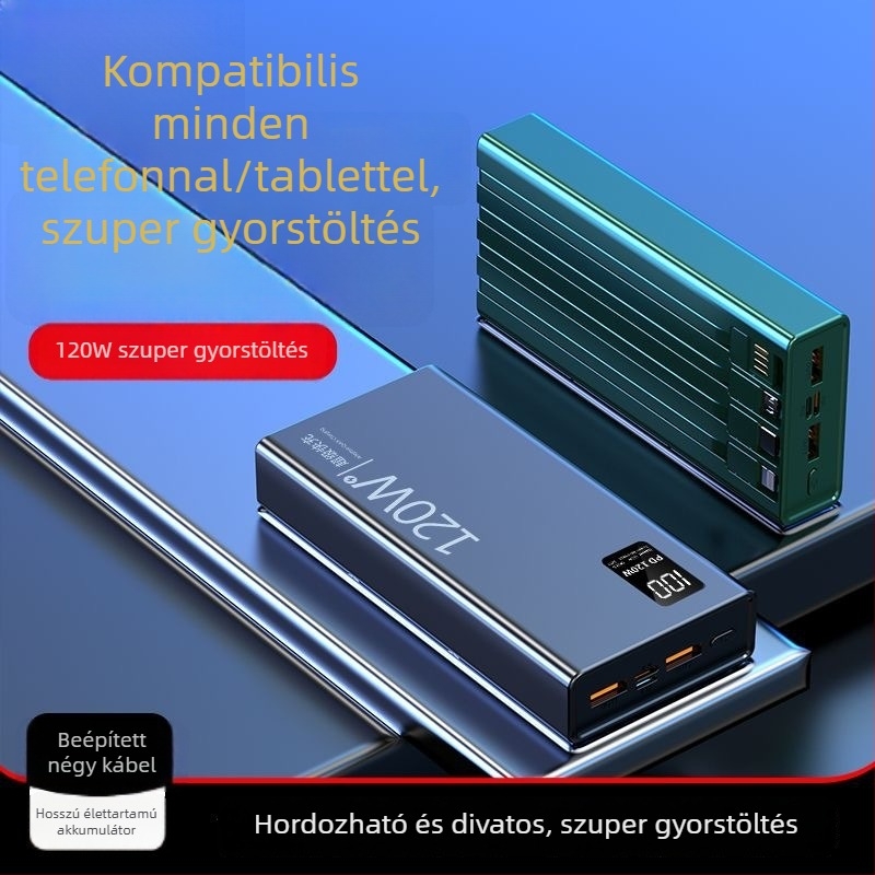 120W-os gyors töltésű power bank beépített kábellel, 4 az 1-ben, 20000mAh nagy kapacitás