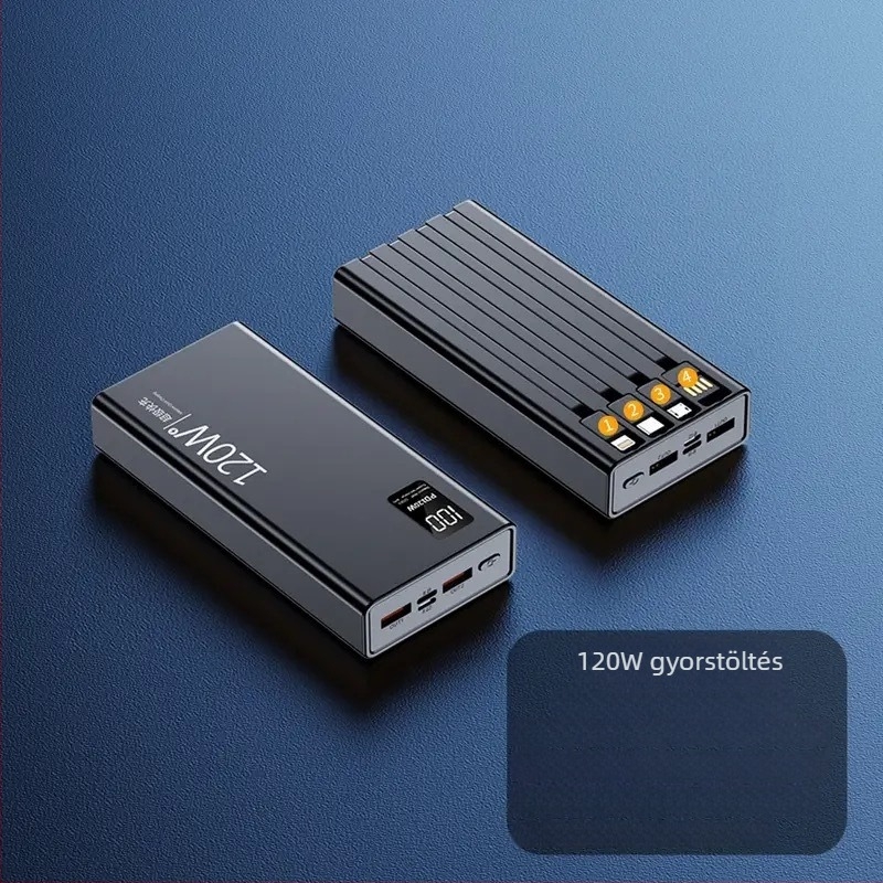 120W-os gyors töltésű power bank beépített kábellel, 4 az 1-ben, 20000mAh nagy kapacitás