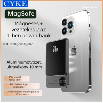 Q9 Mágneses vezeték nélküli külső akkumulátor, 15W, alumínium ötvözet, ultra vékony, digitális kijelző, 10000mAh