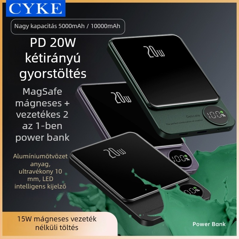 Q9 Mágneses vezeték nélküli külső akkumulátor, 15W, alumínium ötvözet, ultra vékony, digitális kijelző, 10000mAh