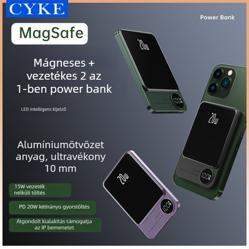 Q9 Mágneses vezeték nélküli külső akkumulátor, 15W, alumínium ötvözet, ultra vékony, digitális kijelző, 10000mAh