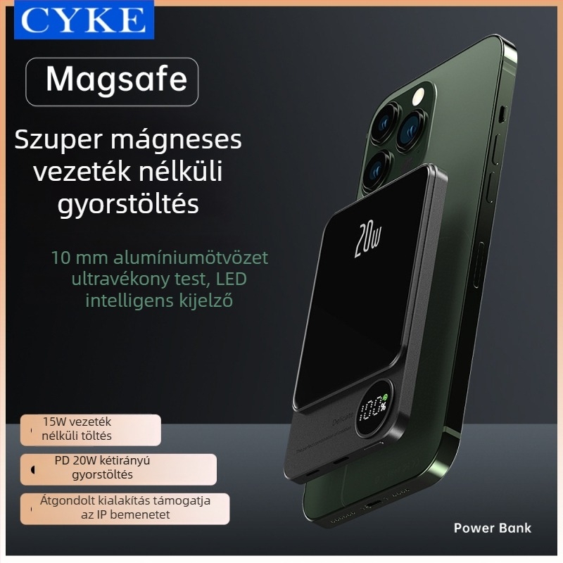 Q9 Mágneses vezeték nélküli külső akkumulátor, 15W, alumínium ötvözet, ultra vékony, digitális kijelző, 10000mAh