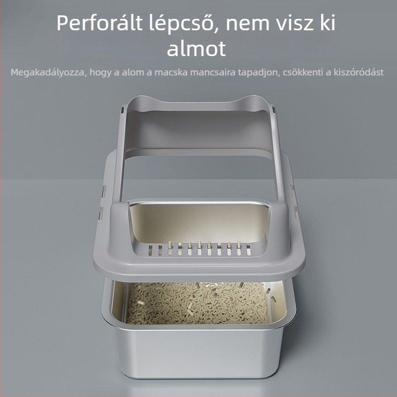 Rozsdamentes acél macskaalomtálca, nagy méretű, emelt, könnyen tisztítható, cseppálló, félzárt kialakítás