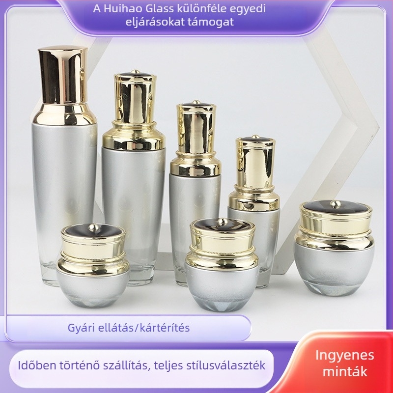 Crown üveg kozmetikai flakon készlet: 120 ml-es víz-émulziós flakon, 30 g krémes flakonok szem- és arckrémhez, esszencia flakon; testreszabható