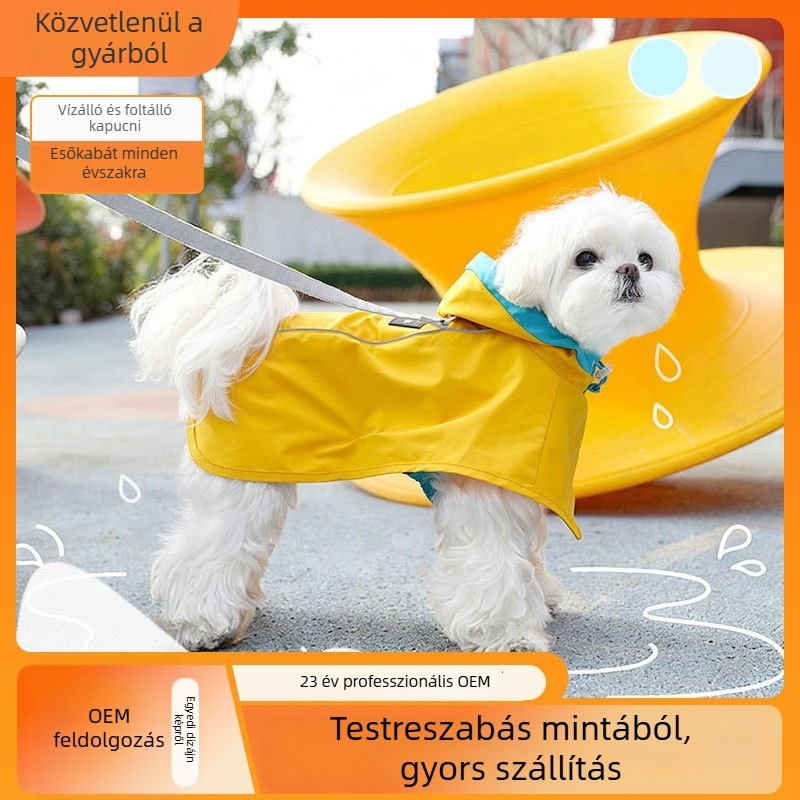 Kis kutya összes évszakos esőkabát kapucnival, ujjatlan, hasi védelemmel, vízálló, koszálló, hám- vagy pórázcsatlakozóval