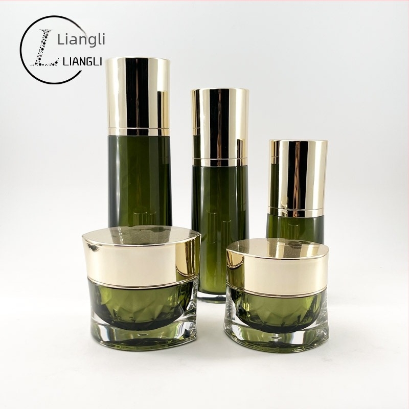 Kiváló minőségű zöld akril Eye Bottle, pumpás lotion-üveg, több méretű krémes üveg, kozmetikai üvegkészlet