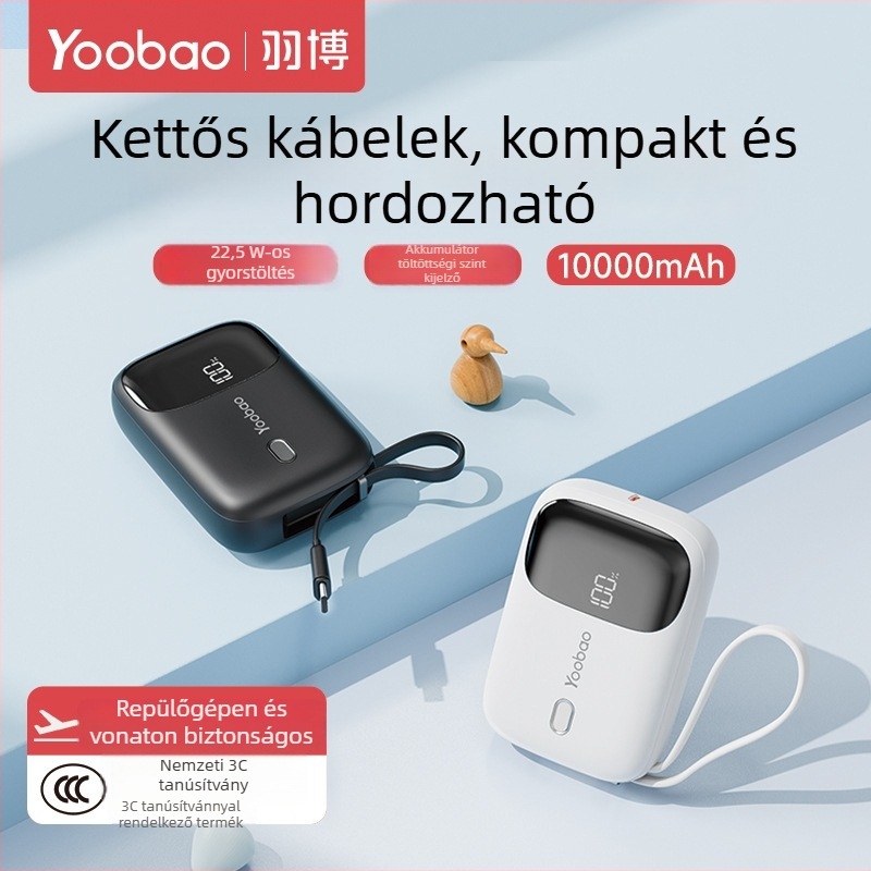 Yoobao 3C-tanúsítvánnyal rendelkező power bank, 2026-ös új modell beépített kábellel, ultra vékony és kompakt, 10000 mAh