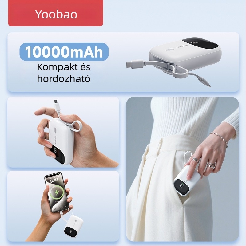 Yoobao 3C-tanúsítvánnyal rendelkező power bank, 2026-ös új modell beépített kábellel, ultra vékony és kompakt, 10000 mAh
