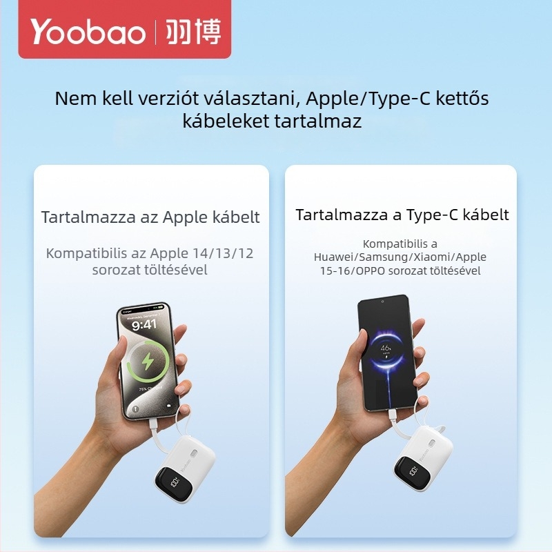 Yoobao 3C-tanúsítvánnyal rendelkező power bank, 2026-ös új modell beépített kábellel, ultra vékony és kompakt, 10000 mAh