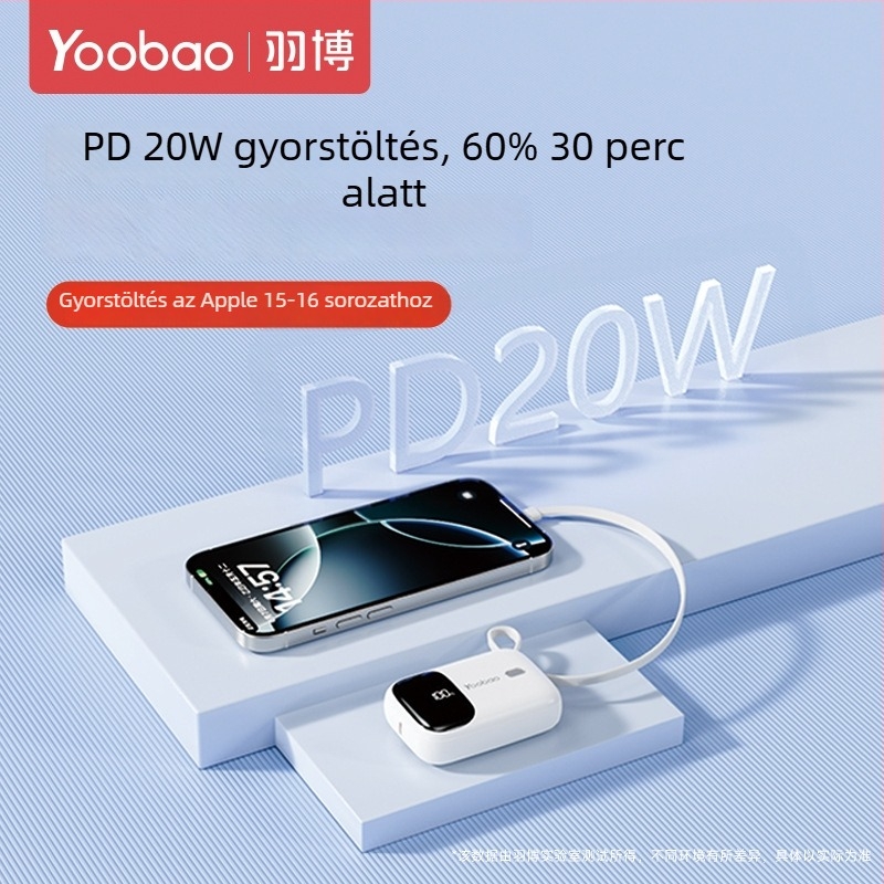 Yoobao 3C-tanúsítvánnyal rendelkező power bank, 2026-ös új modell beépített kábellel, ultra vékony és kompakt, 10000 mAh