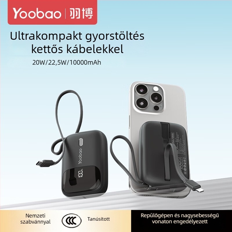Yoobao 3C-tanúsítvánnyal rendelkező power bank, 2026-ös új modell beépített kábellel, ultra vékony és kompakt, 10000 mAh