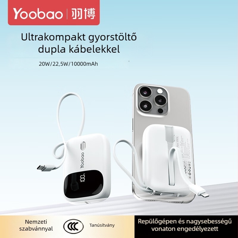 Yoobao 3C-tanúsítvánnyal rendelkező power bank, 2026-ös új modell beépített kábellel, ultra vékony és kompakt, 10000 mAh