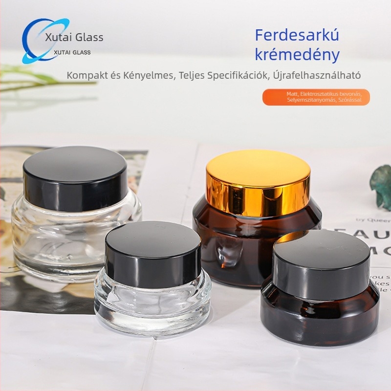 15 g átlátszó, ferde vállú üveg krémhez; 30 g szemkrém üveg; 50 g zárt kozmetikai krém üveg; üres üvegek