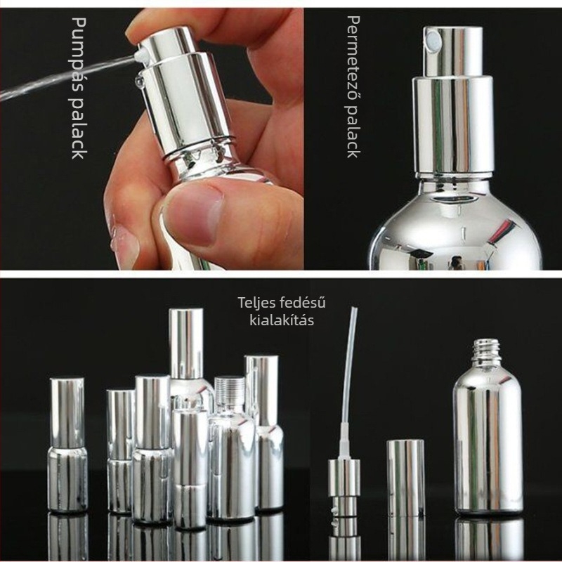 20 ml üveg illóolajhoz elektroplatinált ezüst felülettel és spray-vel; 30 ml üveg parfümhöz gumírozott cseppentővel