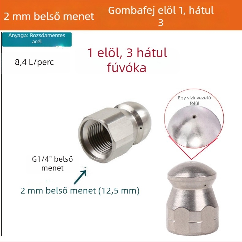Rozsdamentes acél Water Mouse fúvóka, 1/4-es gyorscsatlakozás, előre 1 és hátra 6 fúvóka, csatornatisztítás és elzáródás feloldása, 5000 PSI