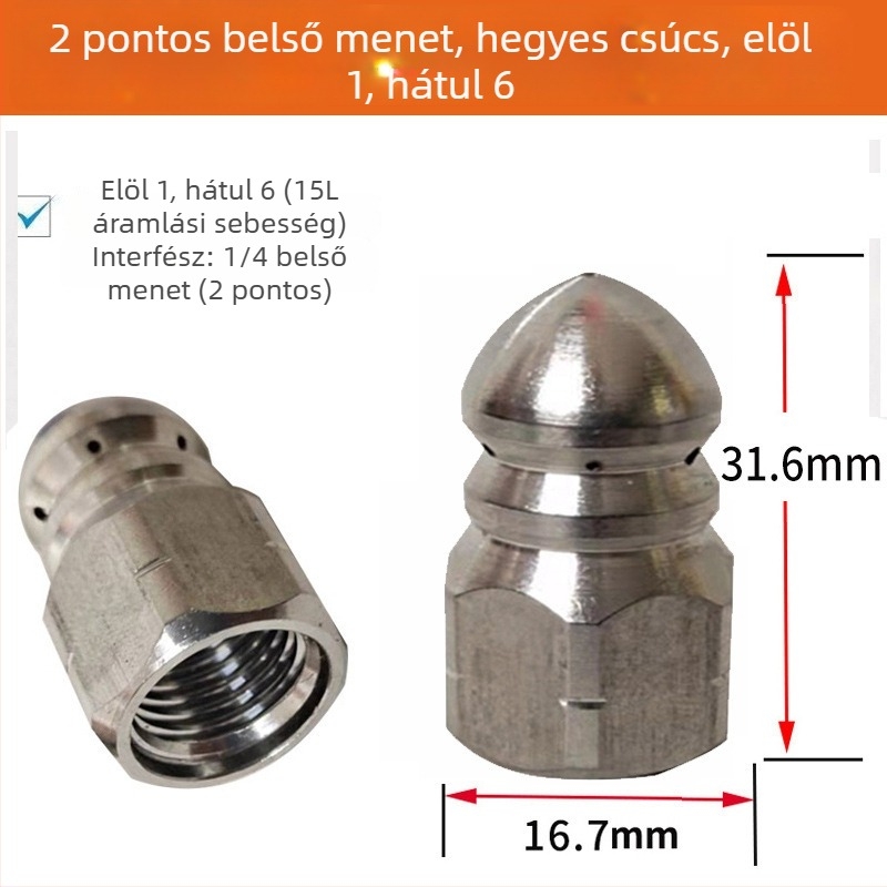Rozsdamentes acél Water Mouse fúvóka, 1/4-es gyorscsatlakozás, előre 1 és hátra 6 fúvóka, csatornatisztítás és elzáródás feloldása, 5000 PSI
