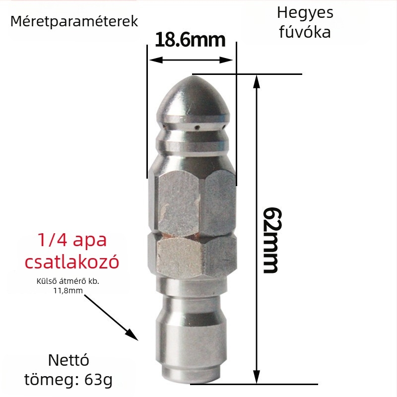 Rozsdamentes acél Water Mouse fúvóka, 1/4-es gyorscsatlakozás, előre 1 és hátra 6 fúvóka, csatornatisztítás és elzáródás feloldása, 5000 PSI