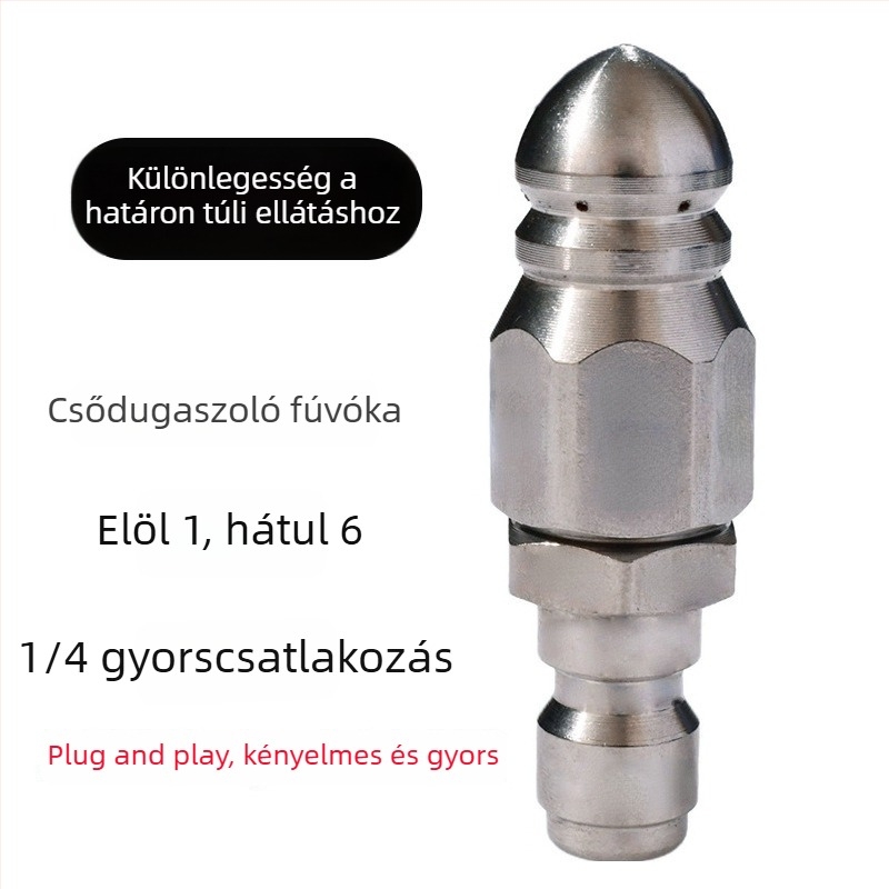Rozsdamentes acél Water Mouse fúvóka, 1/4-es gyorscsatlakozás, előre 1 és hátra 6 fúvóka, csatornatisztítás és elzáródás feloldása, 5000 PSI
