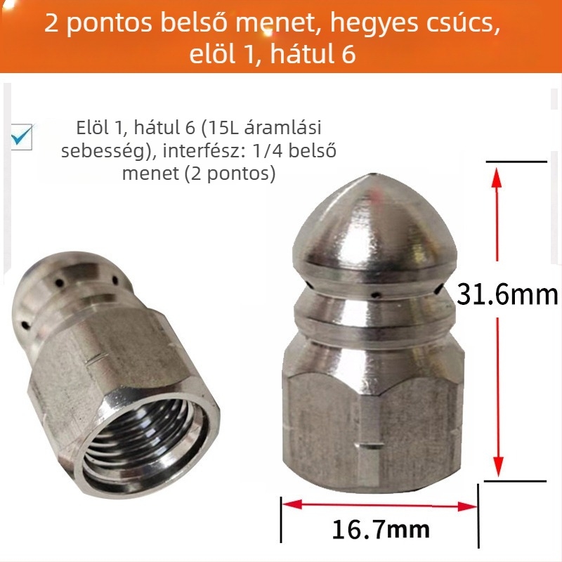Rozsdamentes acél Water Mouse fúvóka, 1/4-es gyorscsatlakozás, előre 1 és hátra 6 fúvóka, csatornatisztítás és elzáródás feloldása, 5000 PSI