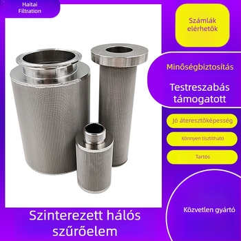 Rozsdamentes acélból készült szinterezett hálószűrőelem levegő szűrésére hidraulikus olajokban és tengeri ipari berendezéseknél, többrétegű szűrés.