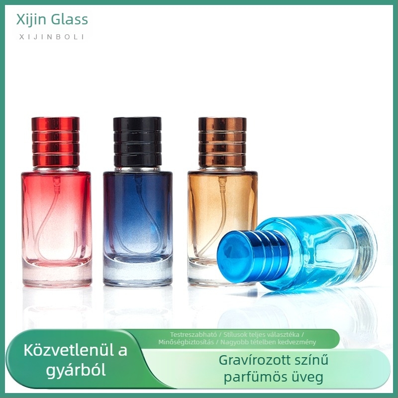 30 ml-es üveg parfümhöz csavaros kupakkal, üres hengeres üveg gradienteszínnel, átlátszó permetező üveg feltöltésre