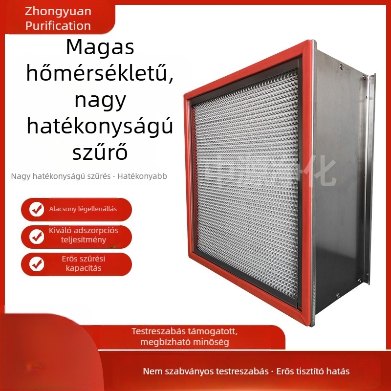 Hőálló, nagy hatékonyságú szűrő, W-típusú levegőellátás, porvédett tiszta levegő, válaszfal nélkül vagy válaszfalakkal, hőálló szűrőelem