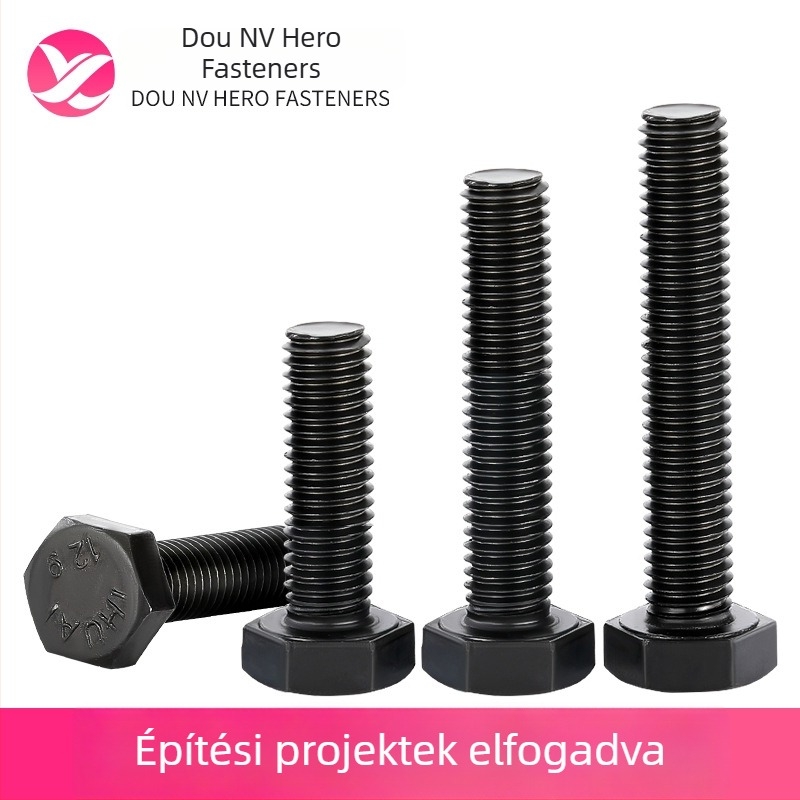 Q235 szénacél külső hatszögfejű csavar, fekete felületkezeléssel, 8.8-as osztály, teljes menet