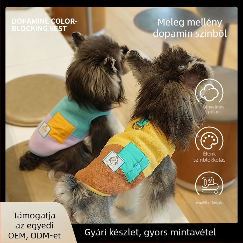 Kutyáknak készült polár fleece mellény, karikatúra-stílusban, őszi–téli meleg, két tónusú, kis- és közepes testű kutyáknak