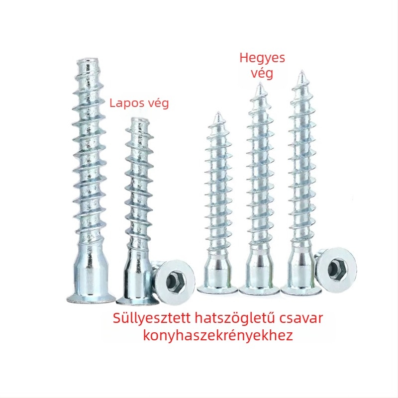 Galvanizált vasból készült kúpos fejű, belső hatszögű öncsavaró csavarok, sík farokkal, szekrényekhez, M5-7