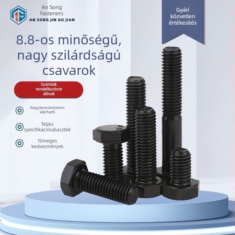 8.8-as szilárdságú külső hatszögletű csavarok, fekete hatszögfejű csavarok, meghosszabbított csavarok, méretek M6–M16, anyag 45# szénacélt, galvanizált.