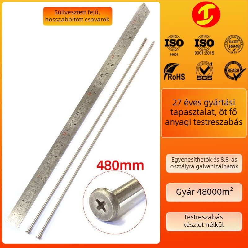 Hosszított rozsdamentes acél csavar, sík fejű, Phillips meghajtású, M6 menet, 480 mm hosszú