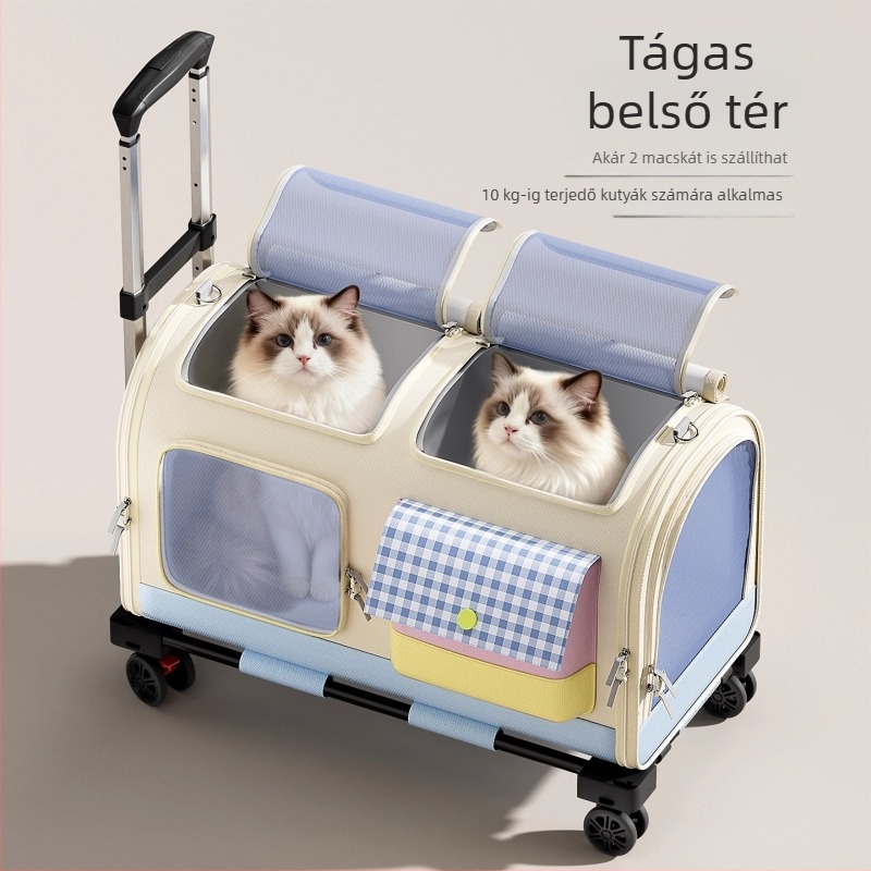 Utazó macskaszállító táska két macskának, nagy kapacitású háziállat szállító, kerekes táska
