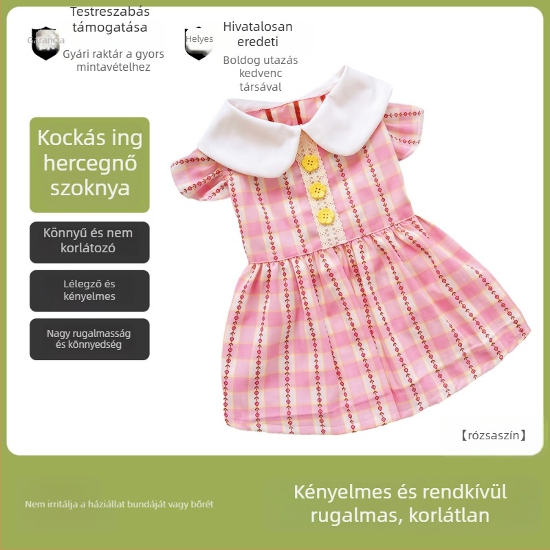 Könnyű nyári kutyaruha kockás mintával, hercegnői szoknyával, vedlés elleni