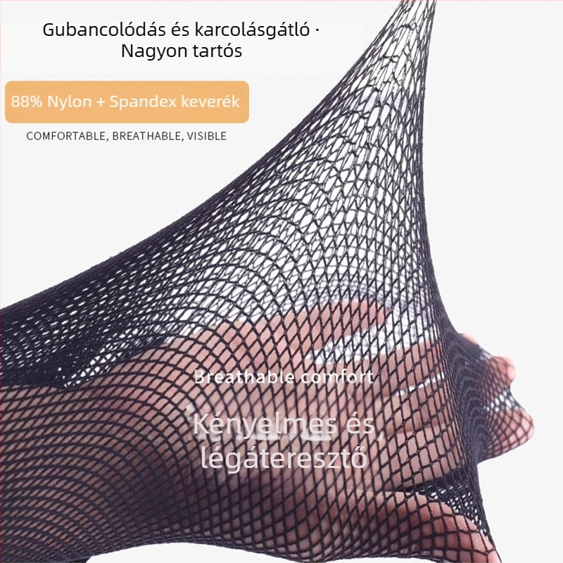 Fekete hálós harisnyák, vonzó, nyitott mintázat, méretek S/M/L, klubban viselésre, tavasz–nyár.