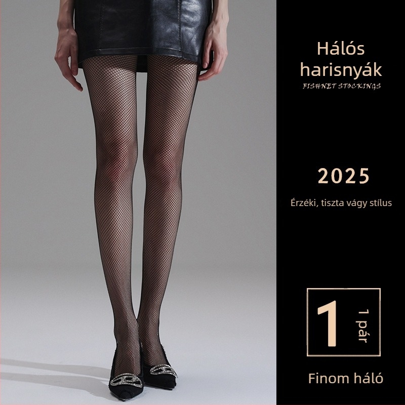 Fekete hálós harisnyák, vonzó, nyitott mintázat, méretek S/M/L, klubban viselésre, tavasz–nyár.