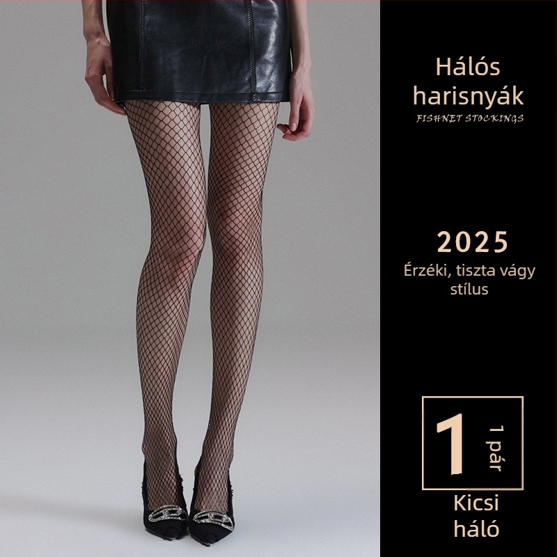 Fekete hálós harisnyák, vonzó, nyitott mintázat, méretek S/M/L, klubban viselésre, tavasz–nyár.