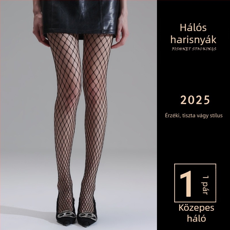 Fekete hálós harisnyák, vonzó, nyitott mintázat, méretek S/M/L, klubban viselésre, tavasz–nyár.