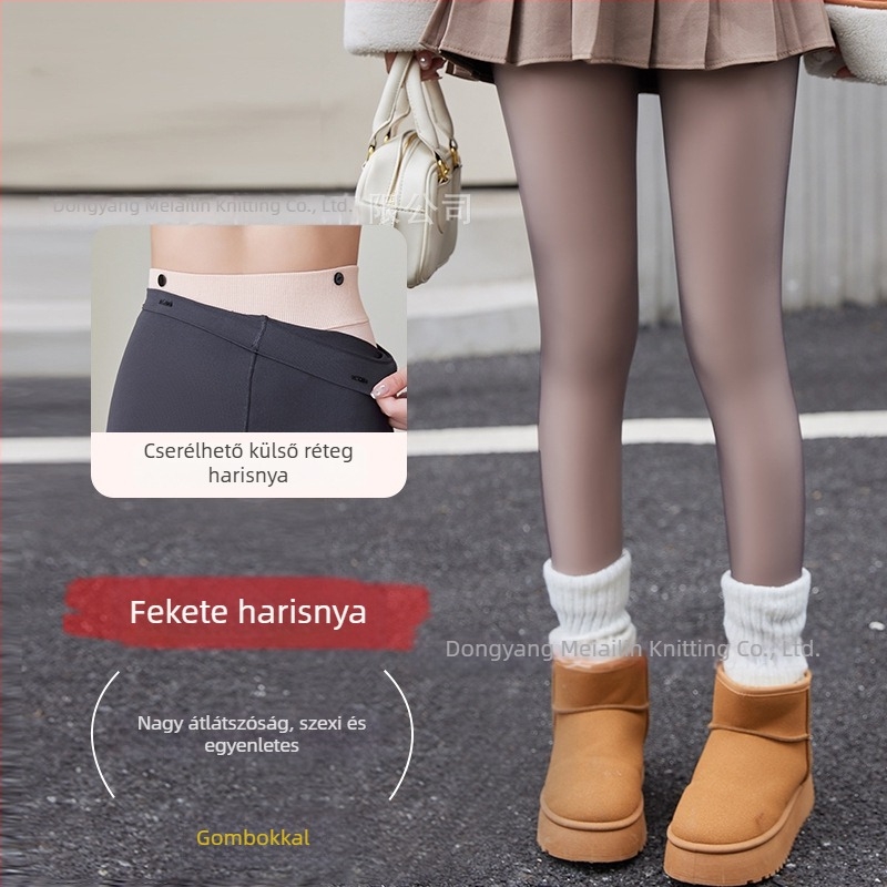 Női fleece-béléssel ellátott harisnya, dupla réteg, levehető nude bélés, fekete, áttetsző