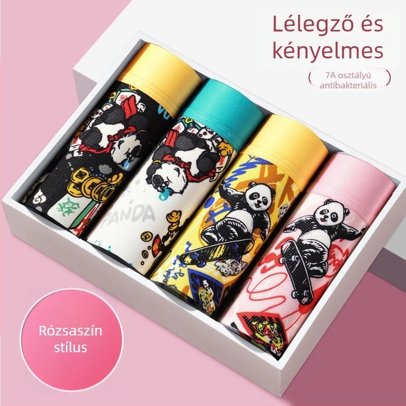 Tinédzser férfi boxernadrág Panda-karikatúra mintával – színes nyomtatás, légáteresztő, kényelmes, nagy méret