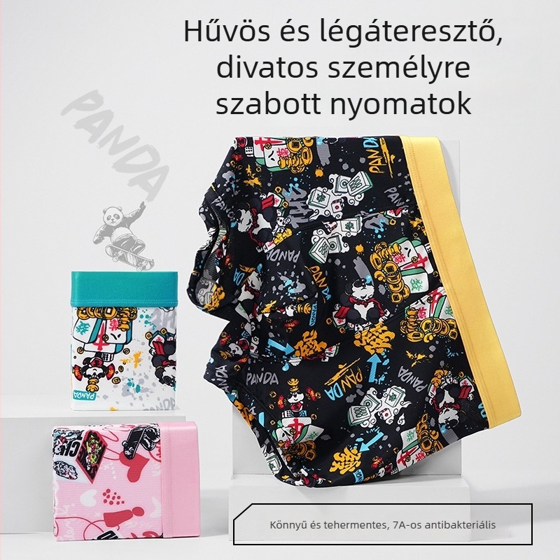 Tinédzser férfi boxernadrág Panda-karikatúra mintával – színes nyomtatás, légáteresztő, kényelmes, nagy méret