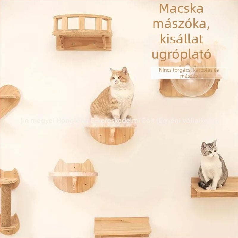 Fából készült, falra szerelhető macska mászókeret űr kapszula alakú macskaházzal és kreatív függő polccal