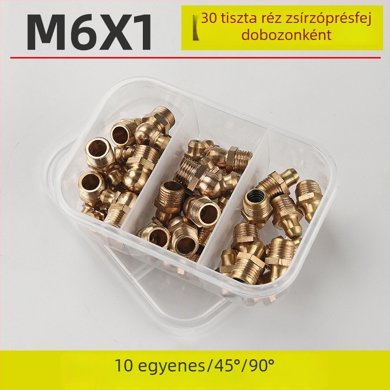 Dobozos készlet vajpisztoly fejhez: tiszta rézből készült vajfejek, M6/M8/M10, rozsdamentes acél injekciós csatlakozók