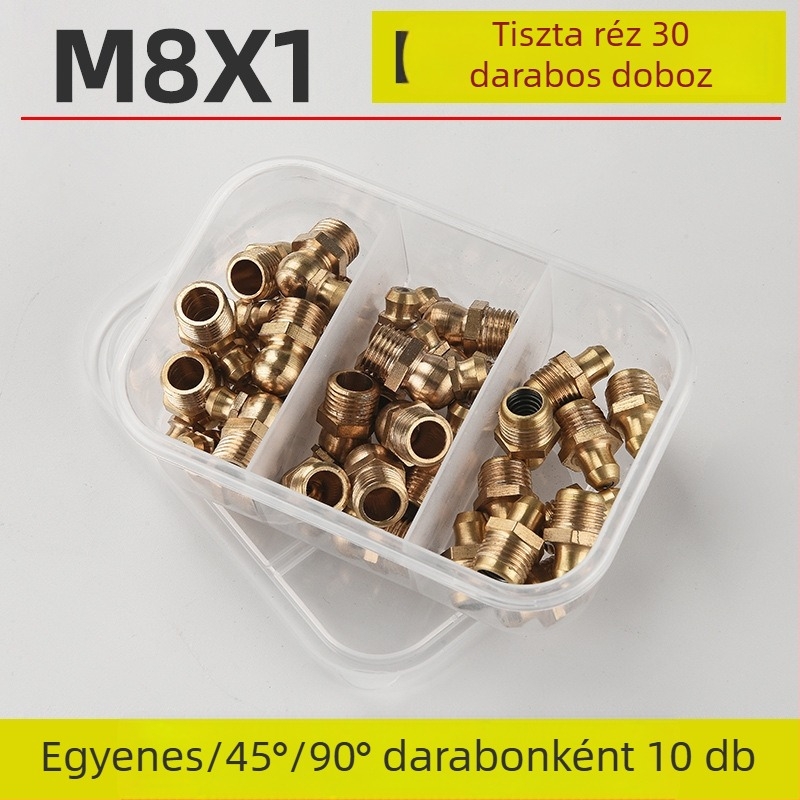Dobozos készlet vajpisztoly fejhez: tiszta rézből készült vajfejek, M6/M8/M10, rozsdamentes acél injekciós csatlakozók